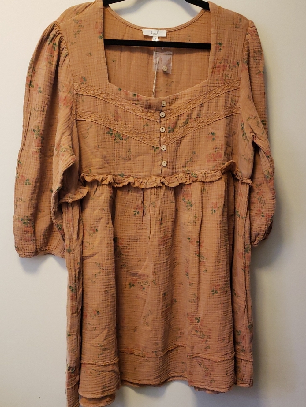 NWT easel Brown Cotton Gauze Floral Button-Front Dress